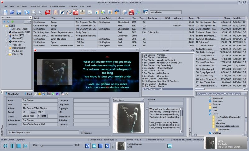 Zortam Mp3 Media Studio is all-in-one Mp3 applications.It includes MP3 Organizer/ID3 Tag Editor,Mp3 Player,CD Ripper with CDDB/ID3/Lyric/Cover support,Wav/Mp3,Mp3 Normalizer,Playlist Manager,Lyrics and Cover Finder,Karaoke, auto tagger, iPod Transfer